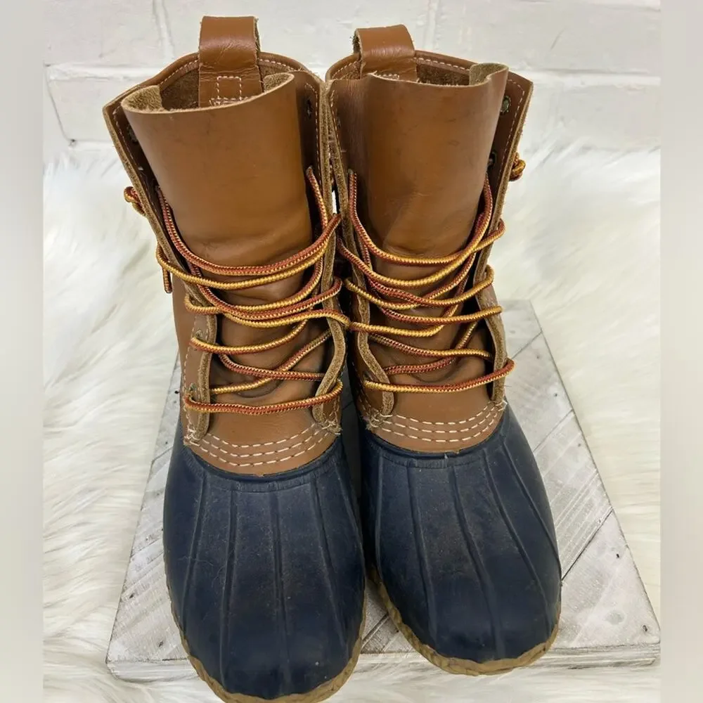 L.L.Bean Women’s 8” Unlined Bean Boots in Tan/Bright Navy/Gum Size 7N